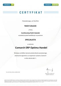 Certyfikat Comarch ERP Optima Handel