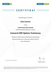 Certyfikat Comarch ERP Optima Techniczny