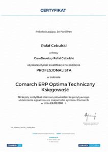 Comarch ERP Optima certyfikat techniczny księgowość